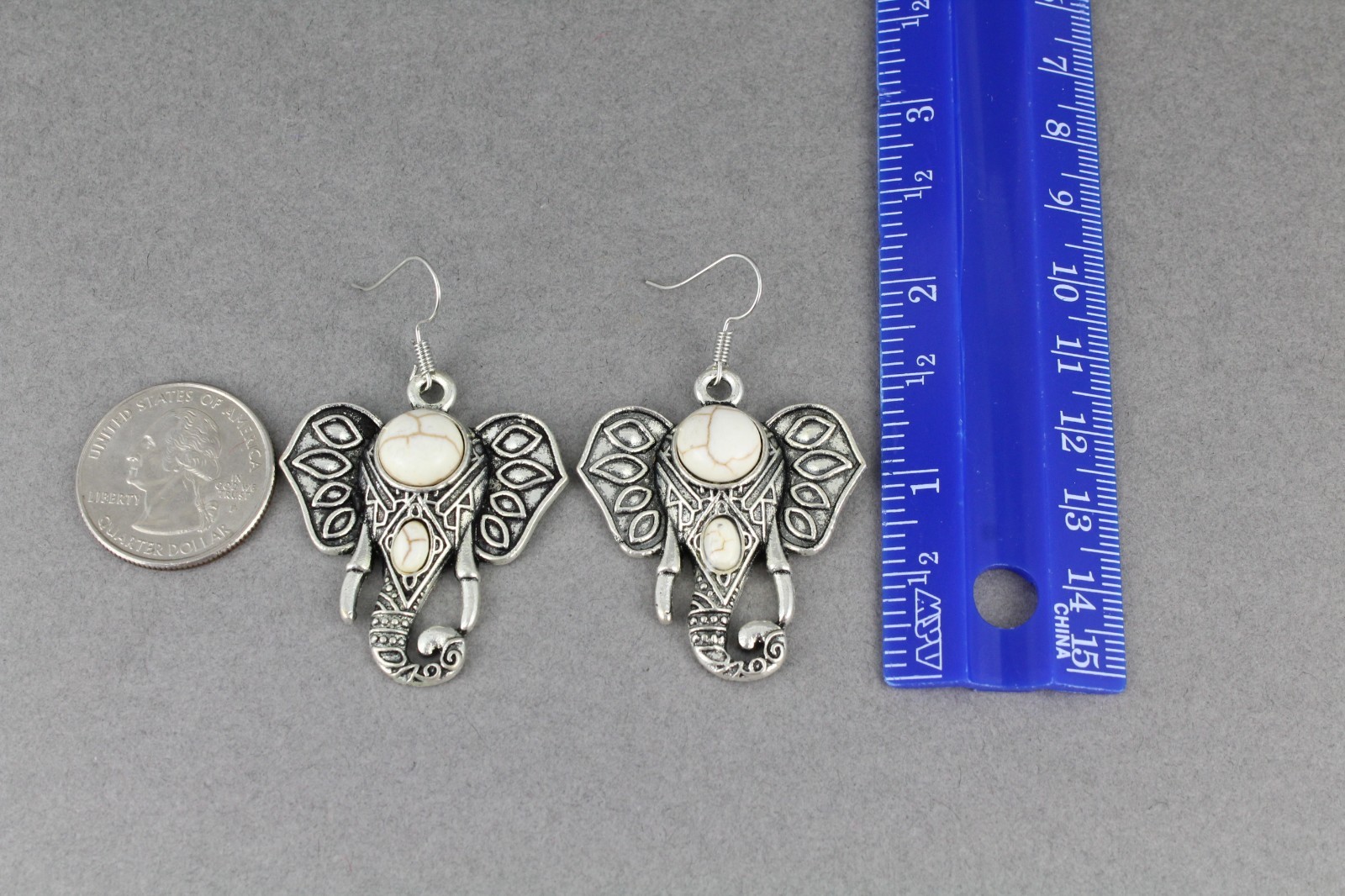 antiqued silver elephant earrings trunk ears pendant 2 1/8″ long cream bead
