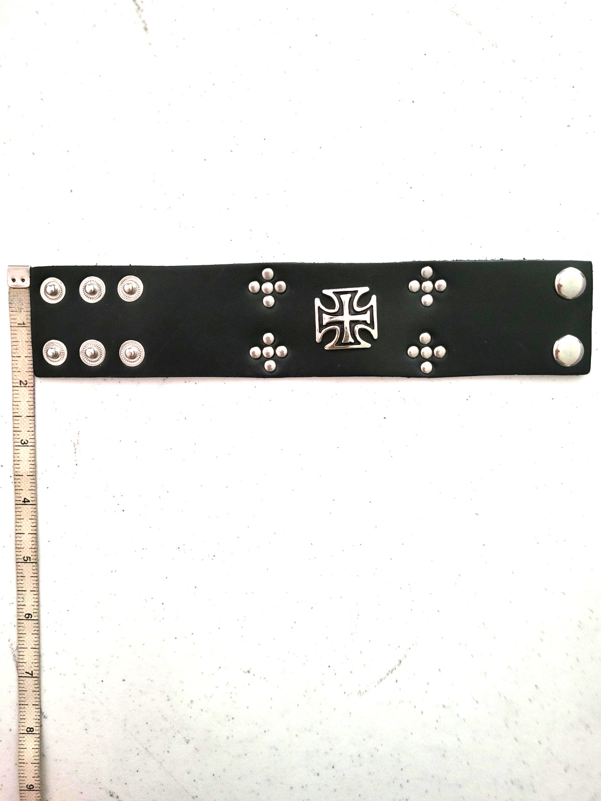 Black leather Bracelet with metal studs Iron Cross emblem Punk Rock Biker