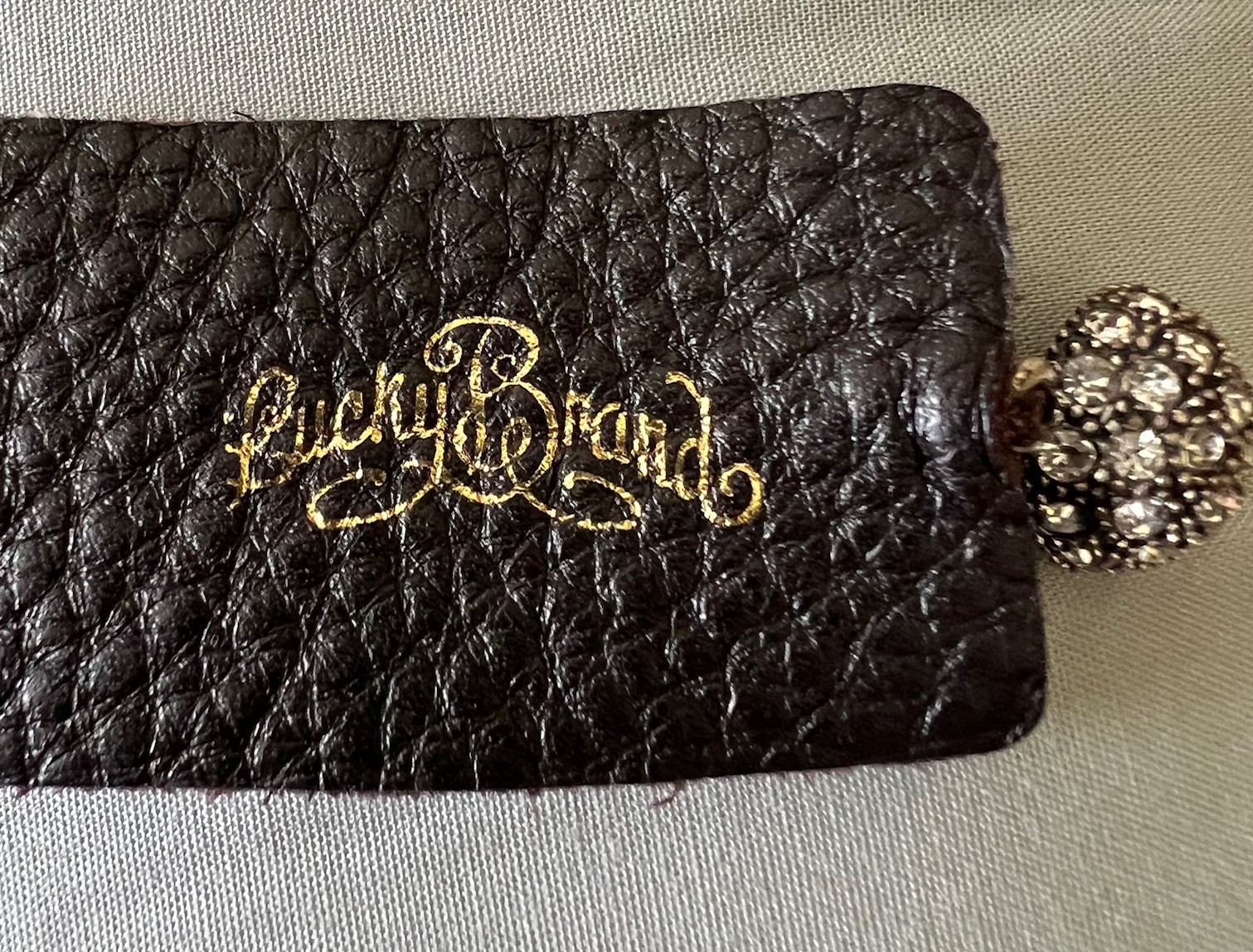 Lucky Brand Leather Rhinestone Floral Art Deco Magnetic Closure Bracelet