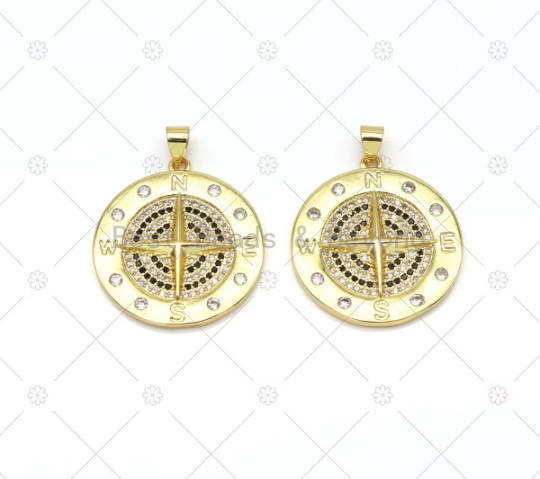 CZ Micro Pave Compass On Round Coin Shape Pendant, 18K gold Filled Medallion