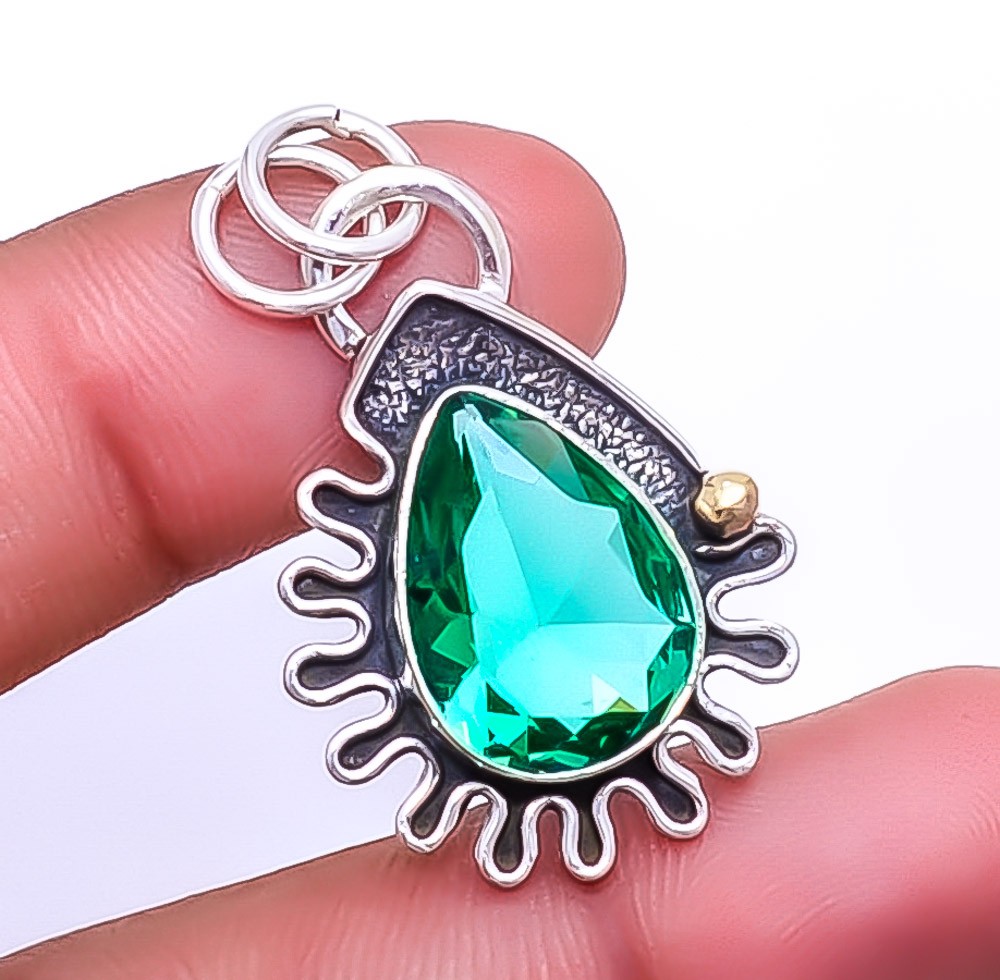 Emerald Simulated 925 Sterling Silver Pendant 1.50″ P25011, Christmas Gift
