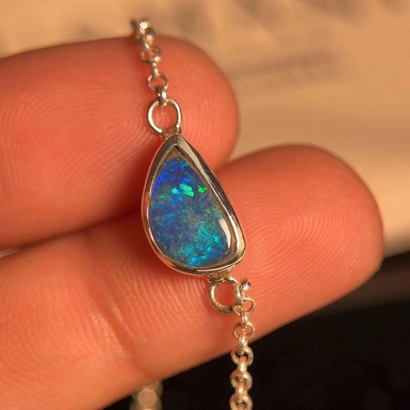 Natural Australian Opal Link Bracelet, Solid 925 Sterling Silver, Gift For Her
