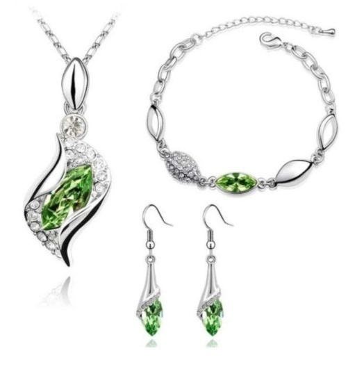 Silver Plated Crystal Bracelet Drop Earrings Pendant Necklace Set Green Box P25