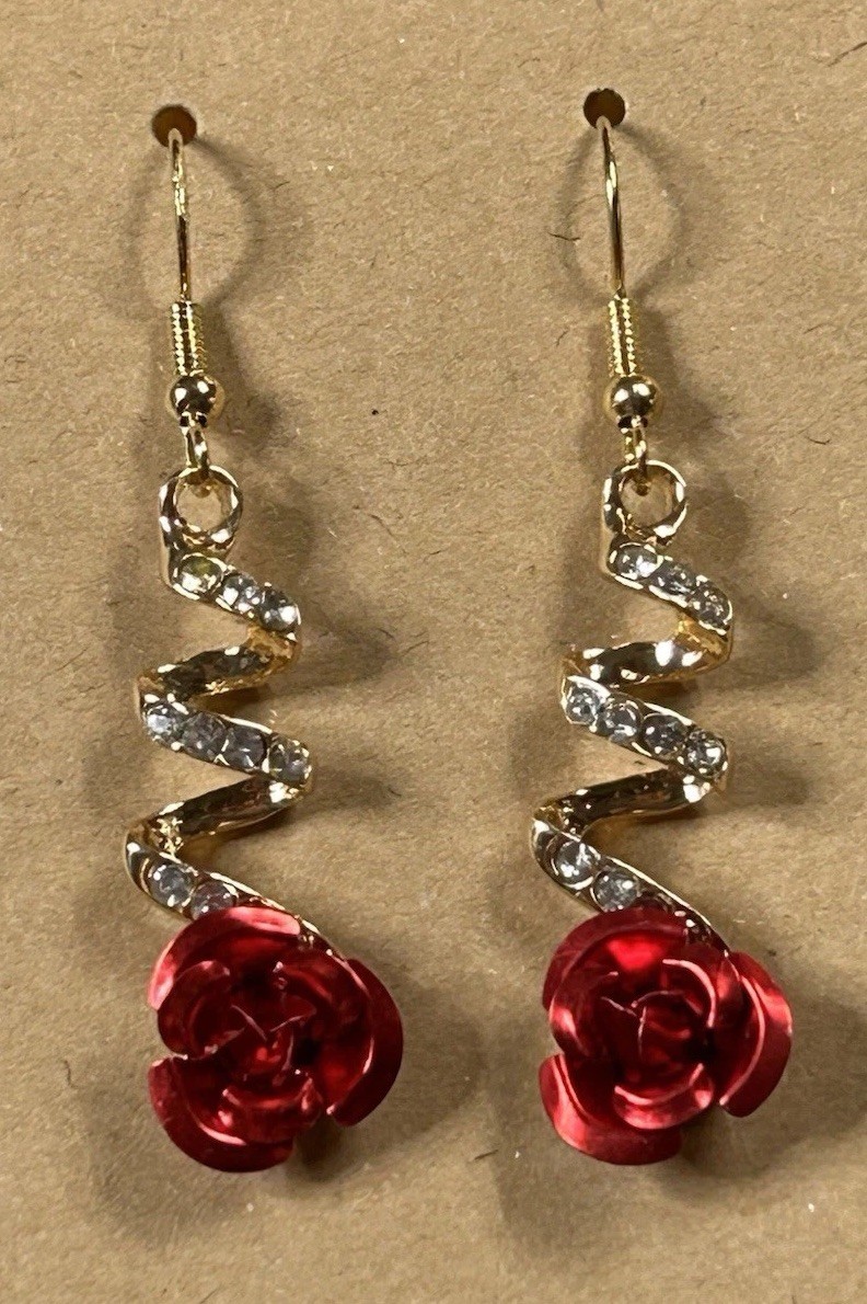 Gold Tone Red Rose Rhinestone Metal Swirled Pierced Hook Dangle Earrings 2”