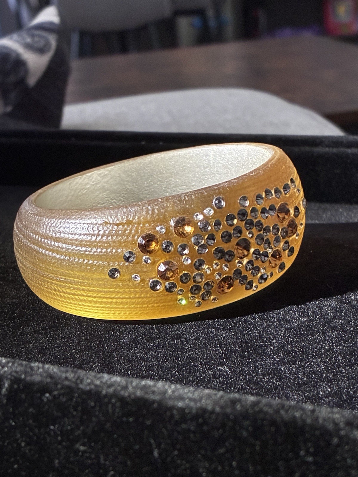 Alexis Bittar Gold Wide Lucite Star Dust Crystals Textured Bangle Bracelet