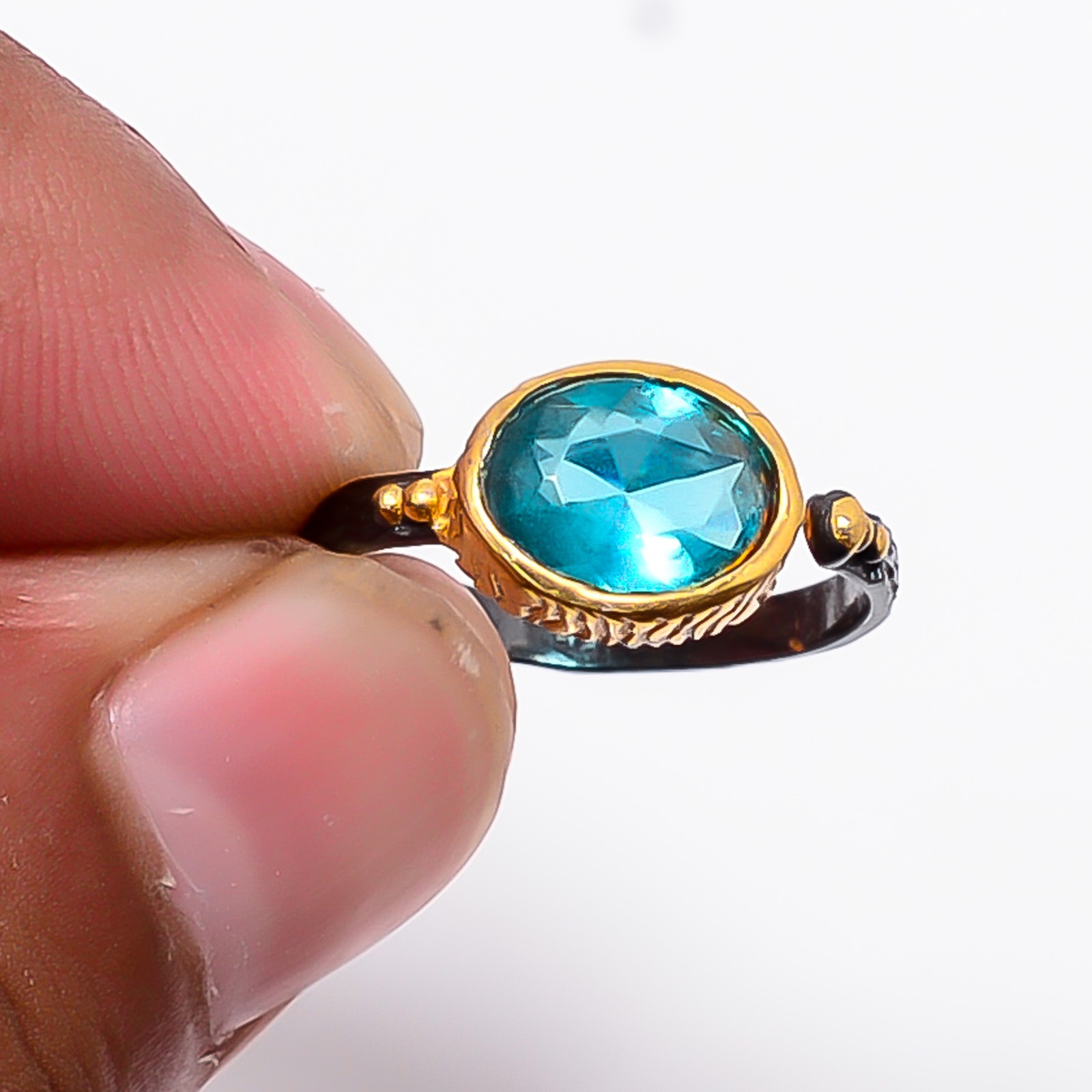 Paraiba Tourmaline Black & Gold Plated 925 Sterling Silver Ring S.Adjustable R6