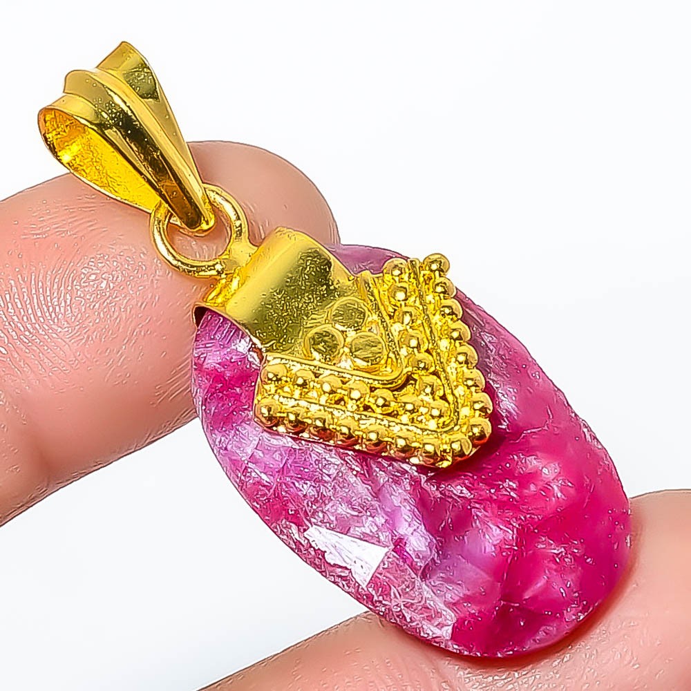 Ruby (Lab-Created) Gemstone 925 Silver Gold Plated Pendant 1.76″ P7622-222