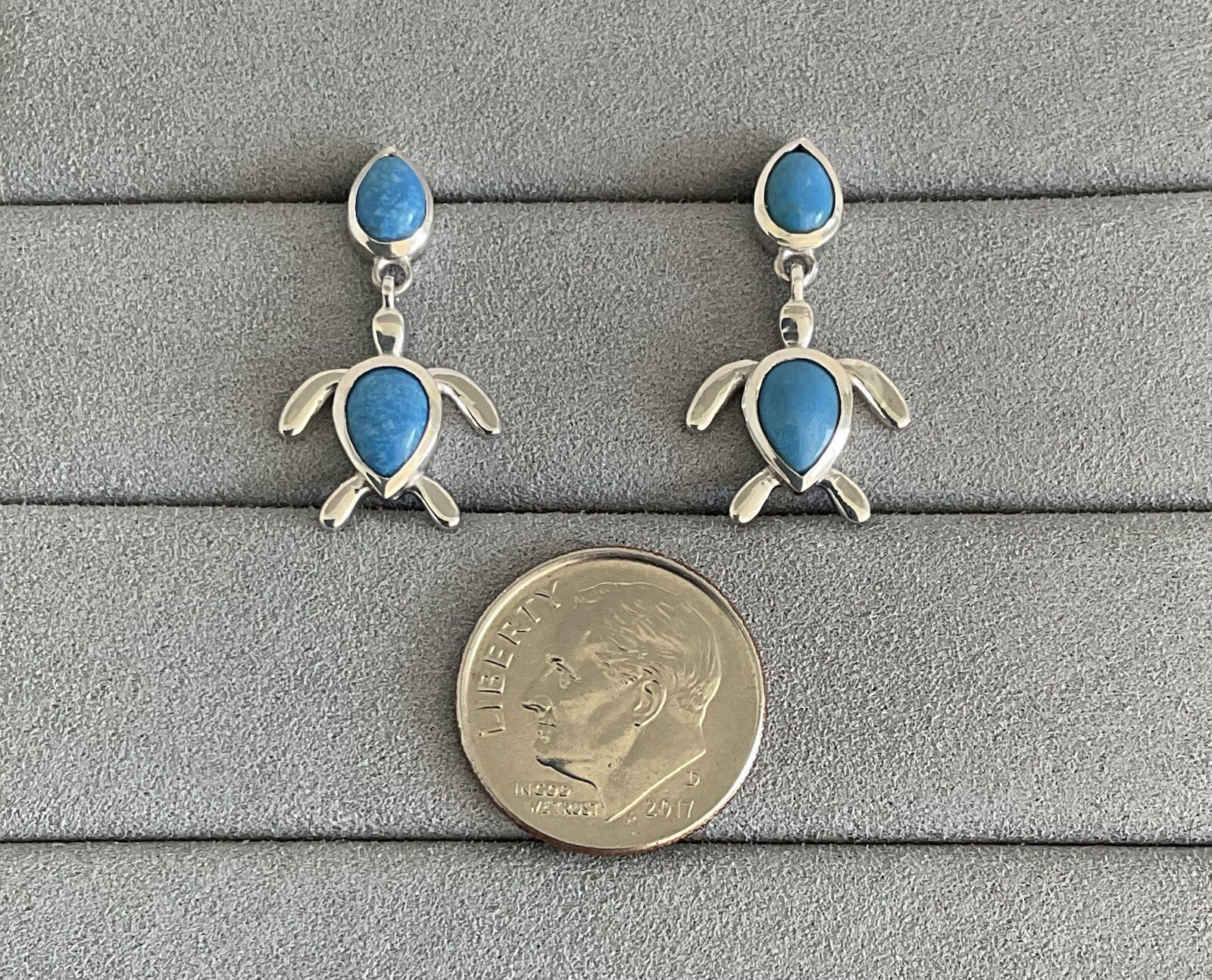 Adorable Natural Ceruleite Turtle Dangle Earrings 2.15 CTW 925 Sterling Silver