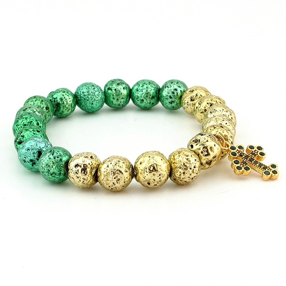 Natural Lava Stone Cross Charm Bracelet Women Stretch Bead Green Gold JX001