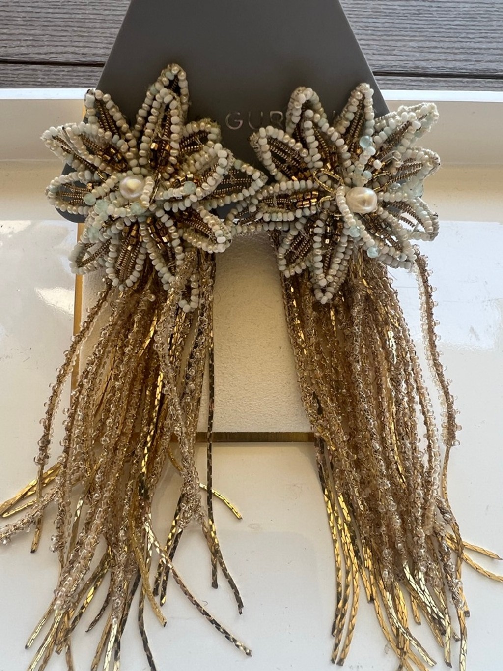 NWT Deepa Gurnani Gold & White Beaded Fringe Earrings
