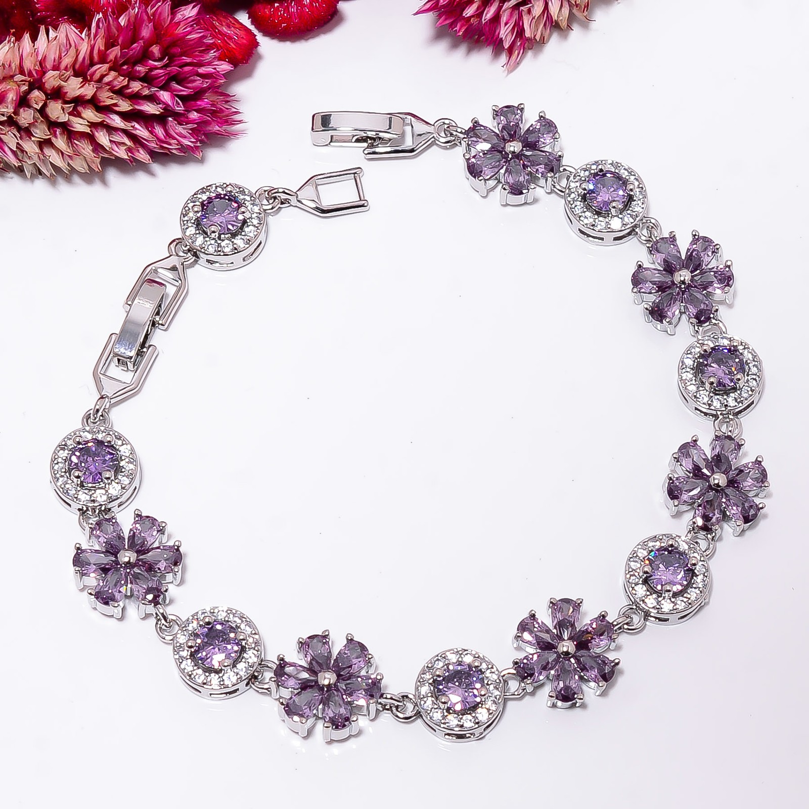 Purple Amethyst, CZ 925 Sterling Silver Adjustable Bracelet 7-8″ B134632