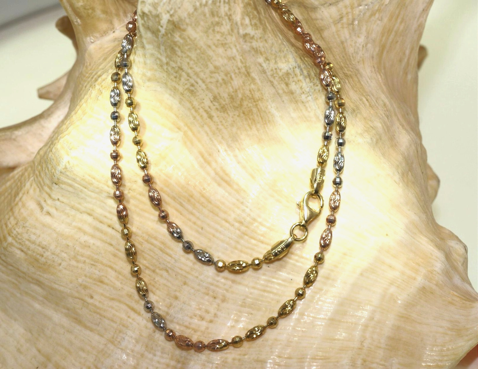 CHOICE ITALIAN TRICOLOR GOLD-PLATED 925 SILVER DC OVAL BALL BEAD CHAIN NECKLACE