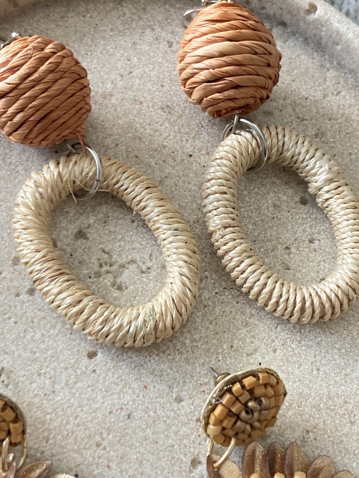 Earthy Boho Earrings Set Of 2 Pair Raffia Hoop Beaded Statement Natural Brown