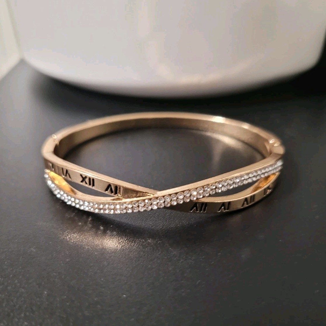 Gold Tone Roman Numeral Cuff Bangle Bracelet with Pavé Clear Crystals