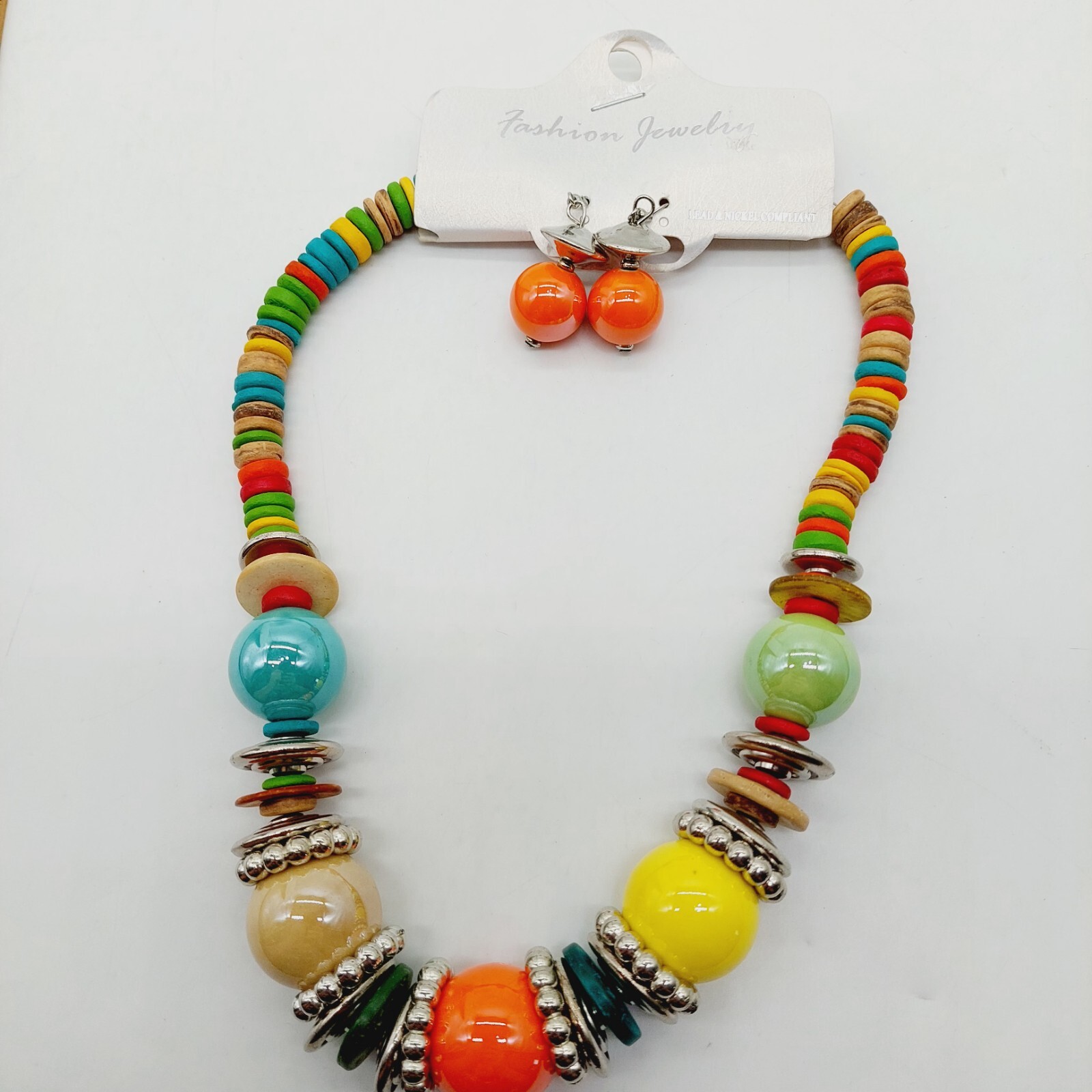 Colorful Boho Beaded Acrylic And Wooden Bead Bib Necklace Choker & Drop Earring