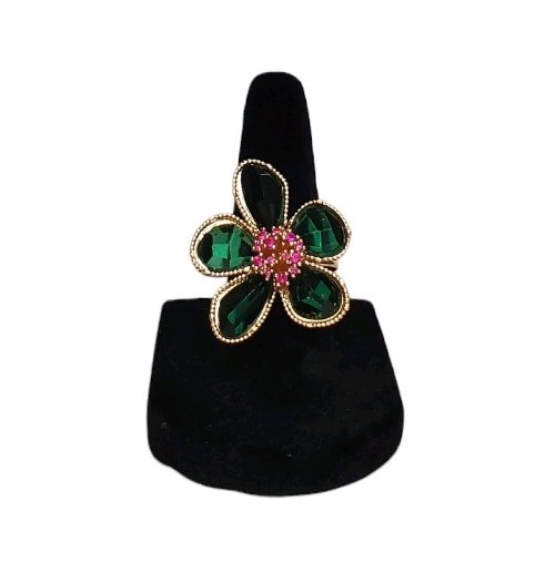 Estate Gold-Tone Green Coated Glass & Pink Spinel Flower Ring Size 6 (Approx.)