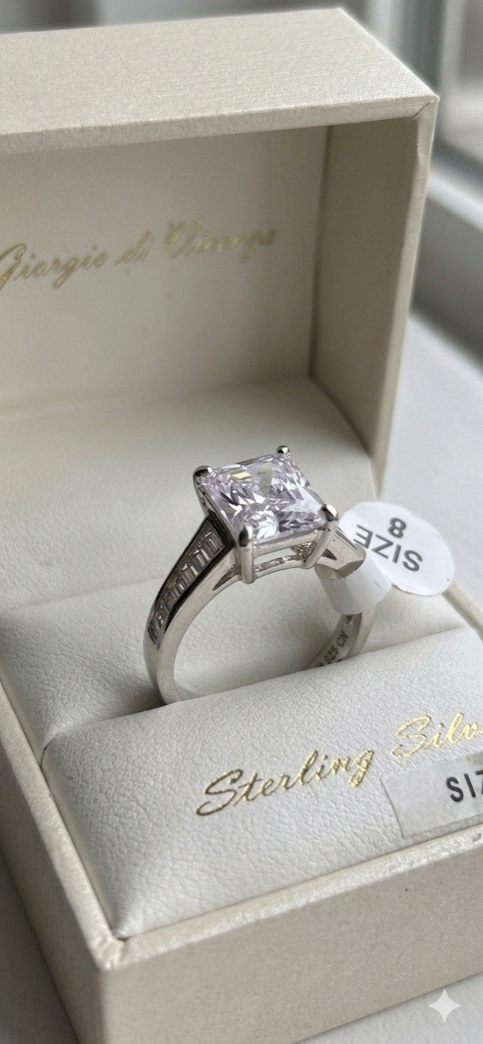 Giorgio di Vicenza Size 8 Sterling Silver Radiant Cut Ring NIB Gift, CZ 925