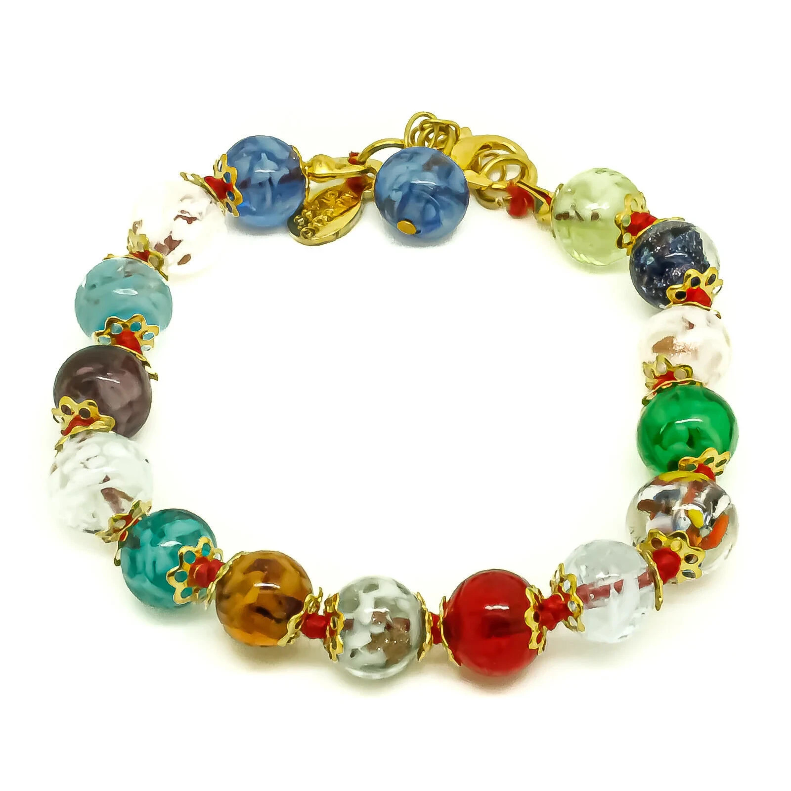 Murano Glass Bracelet Multi Coloured Bronze Gold Handmade 15 Sommerso Beads