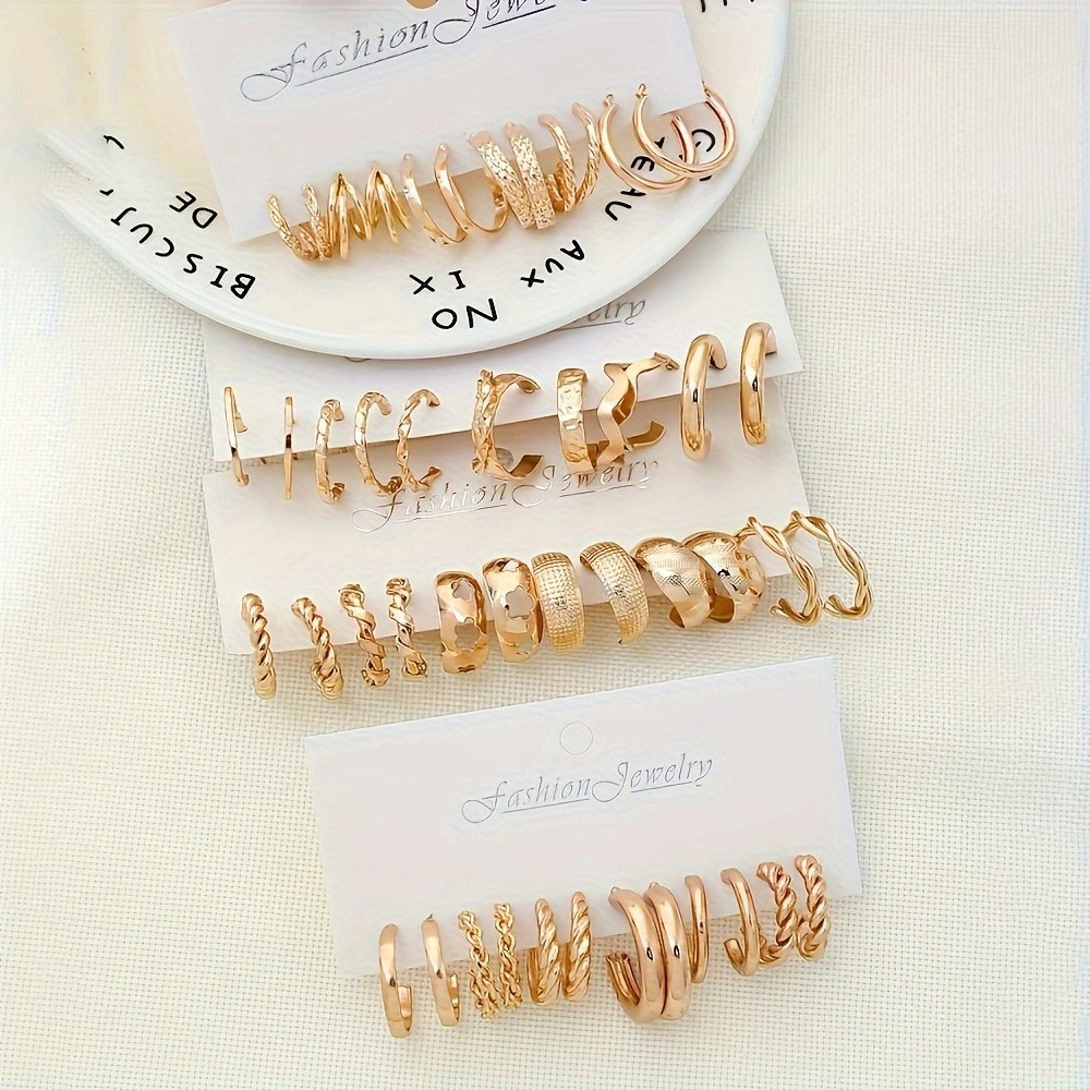 24 Pairs of Golden Fashion Earrings Women’s Multi Style Accessories Ear Studs