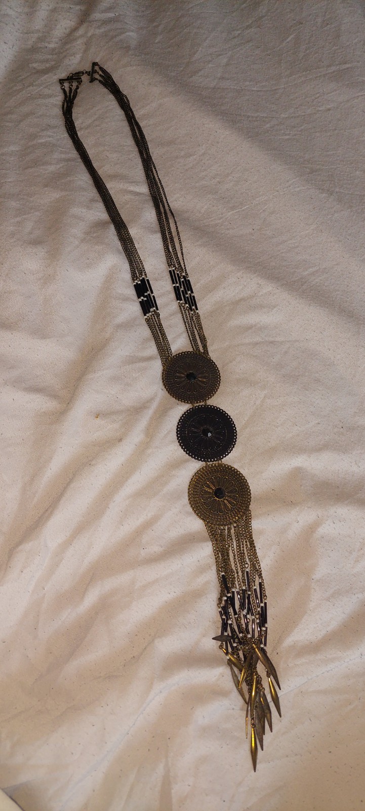 Vintage Gold Black Filigree Disc Medallion Tassel Boho Dreamcatcher Necklace XL