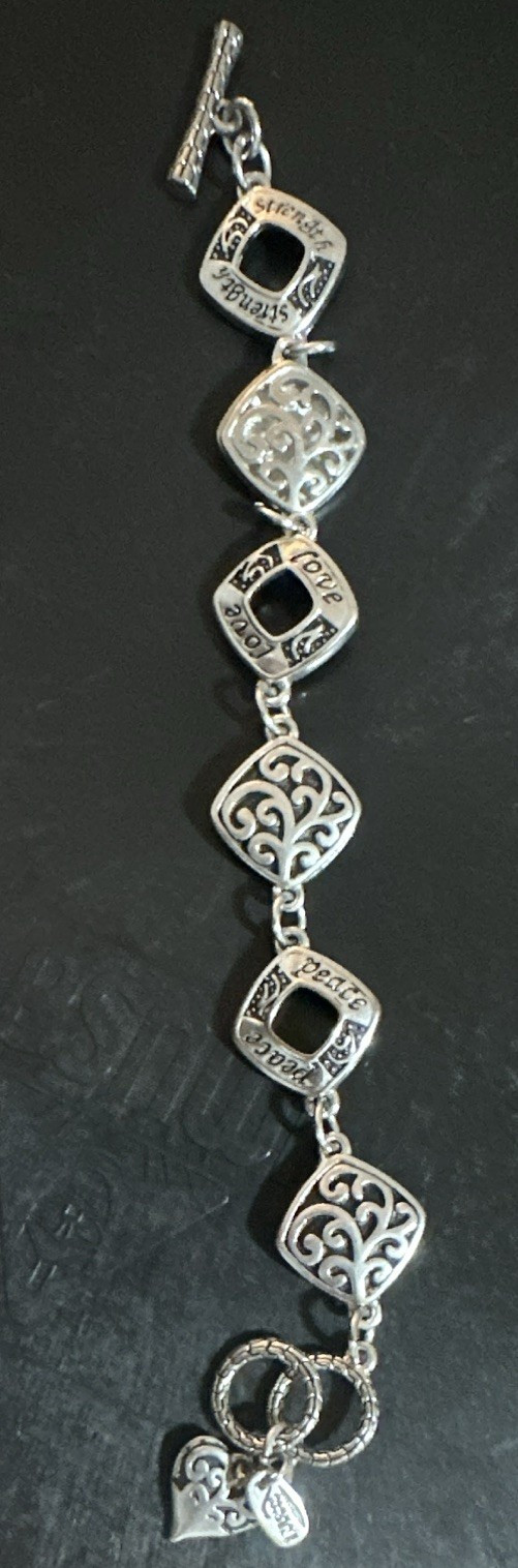 Alexa”s Angels Silver Tone Metal Chain Toggle Bracelet Heart Dangle Charm Signed