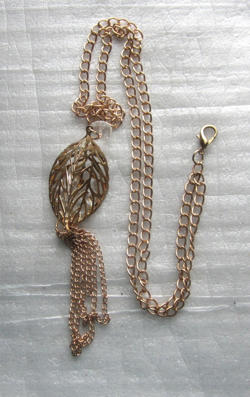 Filigree Gold Tone Leaf Pendant with Inside Clear Settings 30 in. Necklace