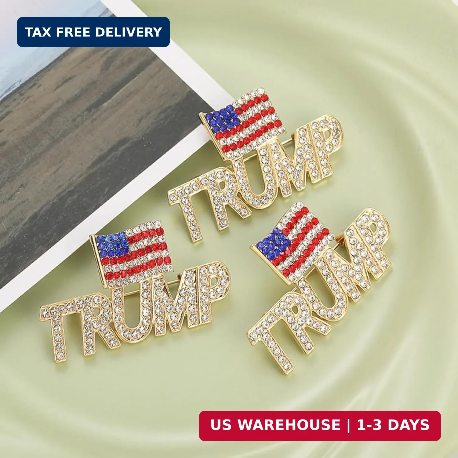 Crystal Trump Brooch with The USA Flag Word Brooch Pin Souvenir for United State