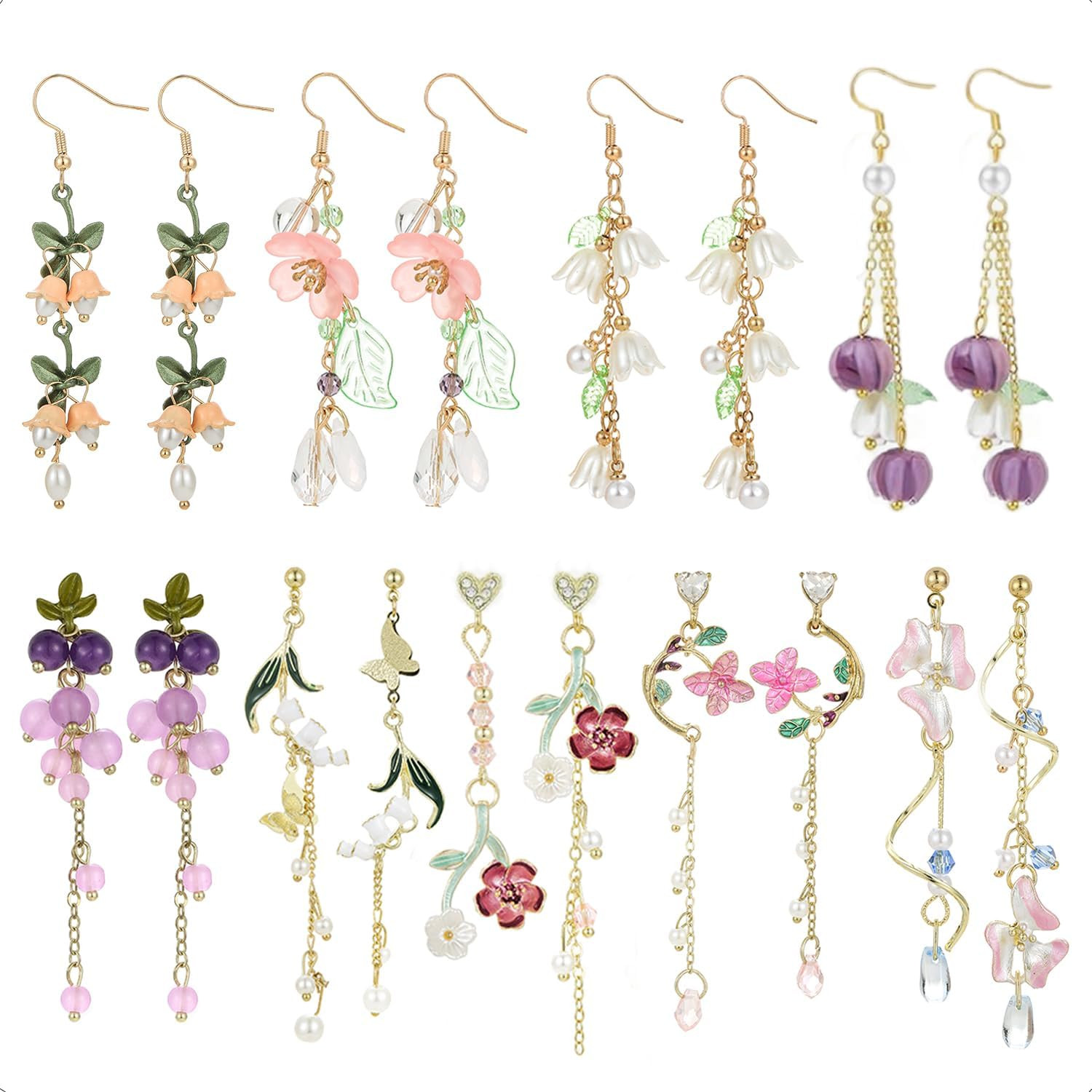 9 Pairs Floral Earrings Set Inspired Long Dangle Flower Leaf Designed Earrings w
