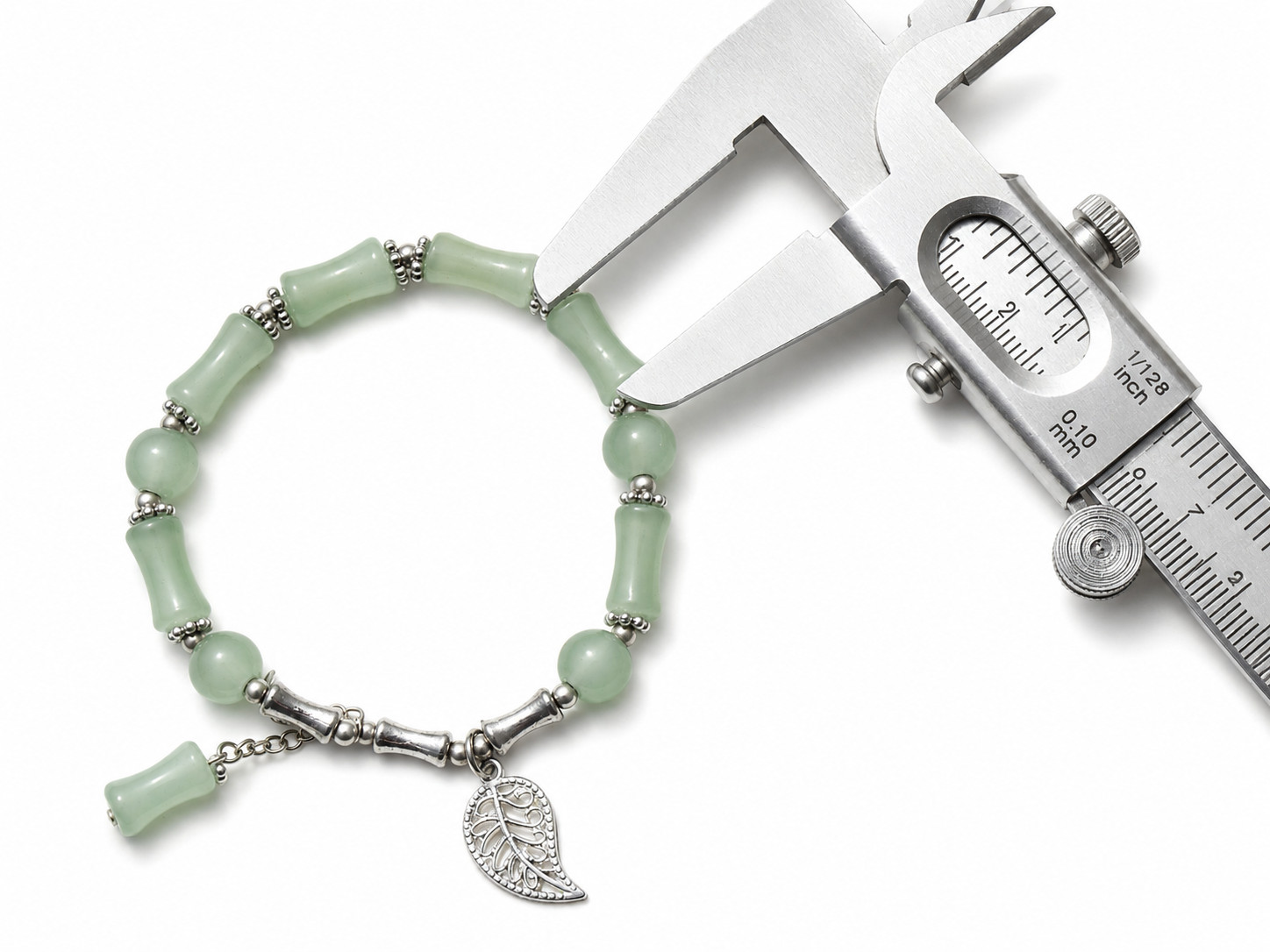 Green Bamboo Glass Bead Stretch Bracelet Silver Leaf Charm Nature Gift