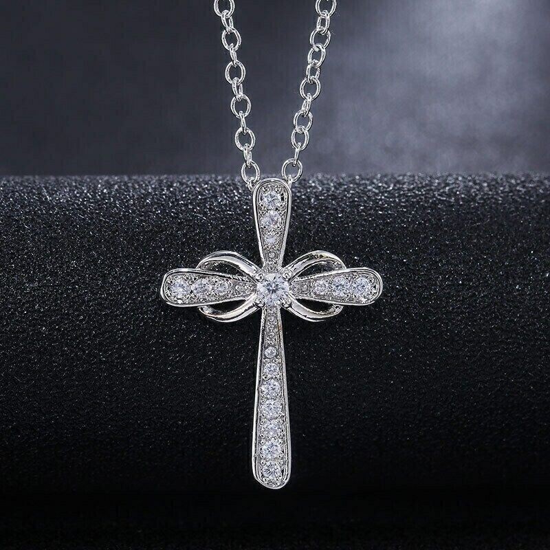 Gorgeous Infinity Cross Pendant Round Simulated Diamond In 14K White Gold Plated