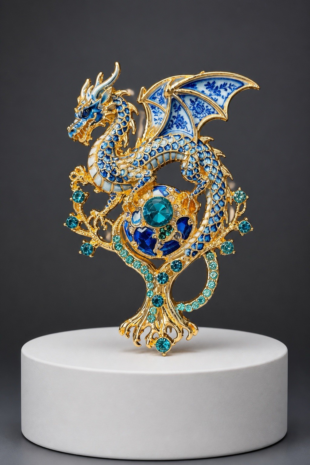 Blue Dragon Brooch Pin Gold Tone – Blue Rhinestones And Enamel