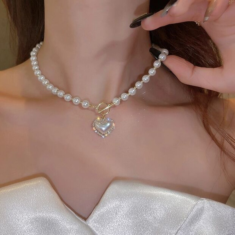 Heart Pendant Necklace Pearl Choker Korean Style Elegant Clavicle Chain Jewelry