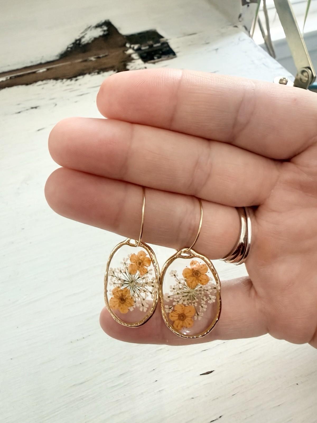 Orange Real Pressed Flower Hoop Earrings Gold 304 Stainless Steel Women’s New