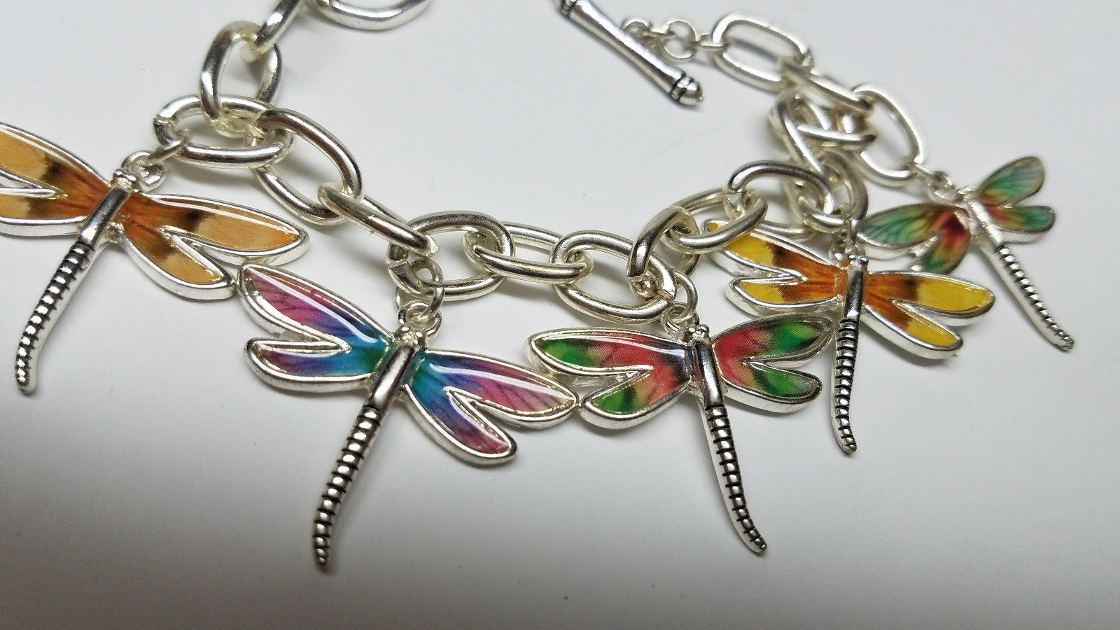DRAGONFLY RAINBOW Silver Charm Bracelet Fashion Toggle Lock Lady Girls >NEW<