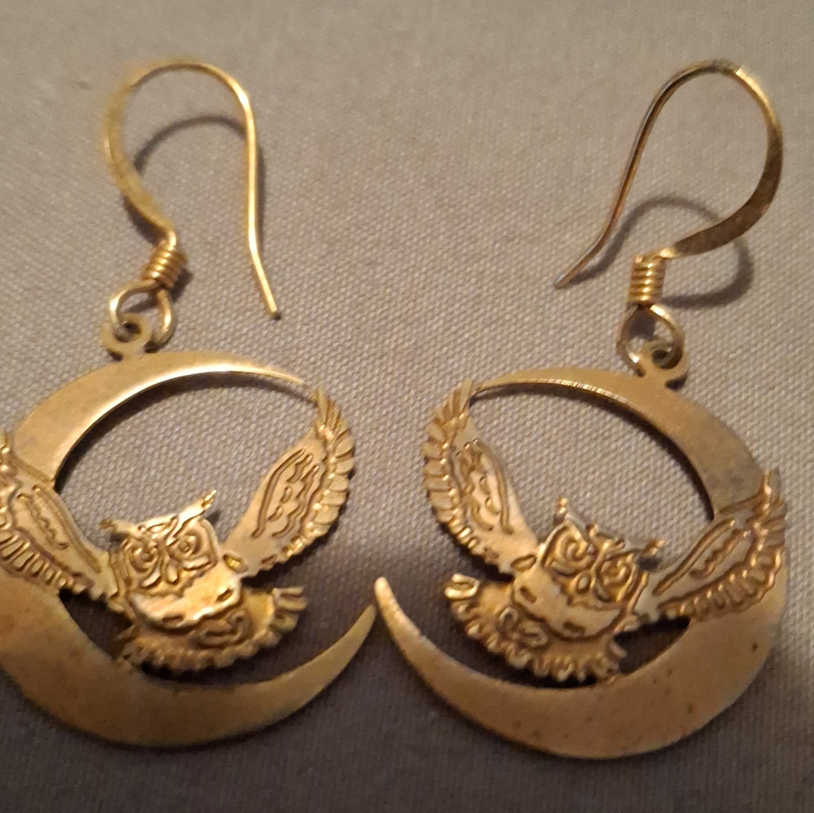 Gold Tone Metal Owl on Crescent Moon Dangle Hook Earrings No Stone