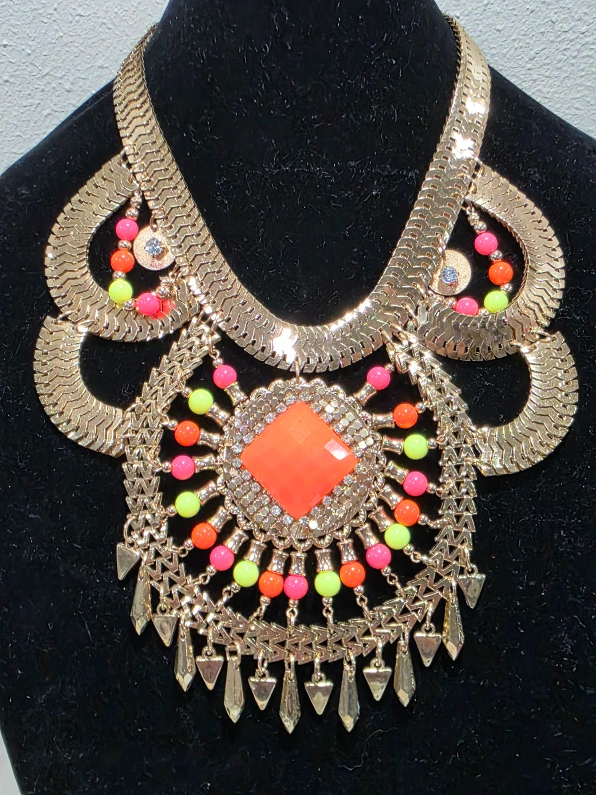Colorful Lucia Statement Necklace Gold Tone Neon Orange & Green Beads