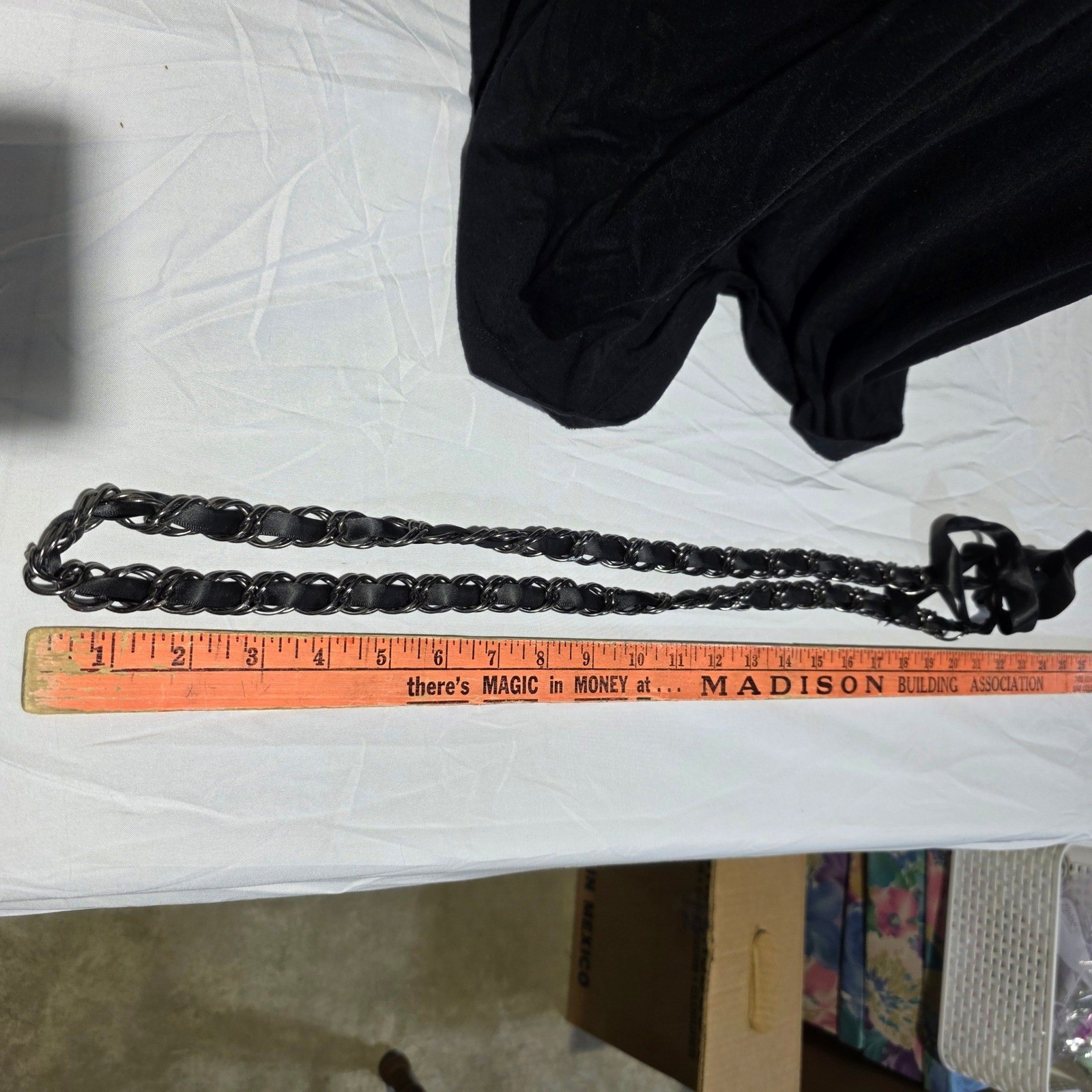 Gunmetal Curb Chain Black Ribbon Woven Long Opera Necklace No Clasp Layering