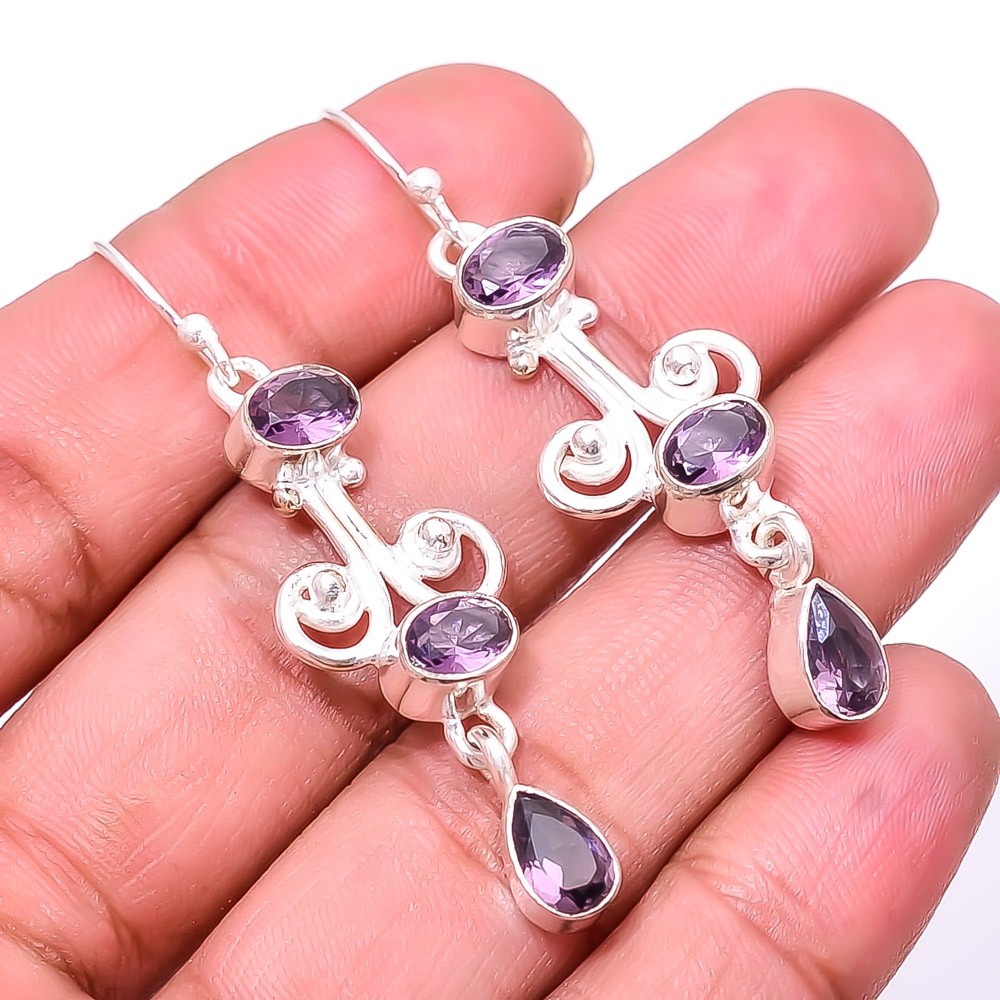 Purple Amethyst Multi Collet 925 Sterling Silver Earring 2.15″ E11, Christmas
