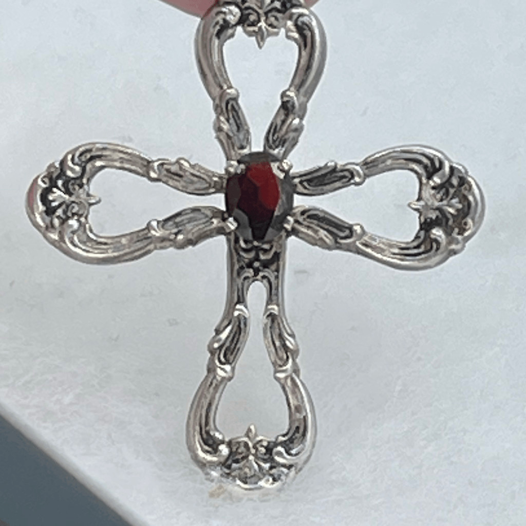 Vintage Gorham sterling silver natural Garnet cross pendant.