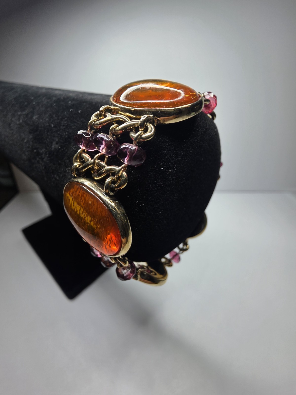 Vintage Gold Tone Amber Colour and Pinkish Colour Stones, Costume Jewellery