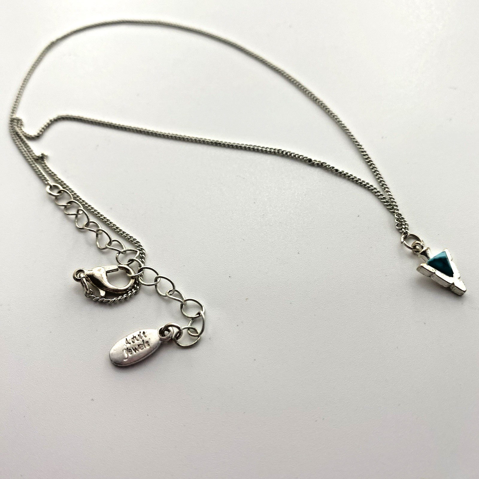 Adult Jewels Necklace Triangle Shaped Turquoise Pendant Silver Tone 16 Inches