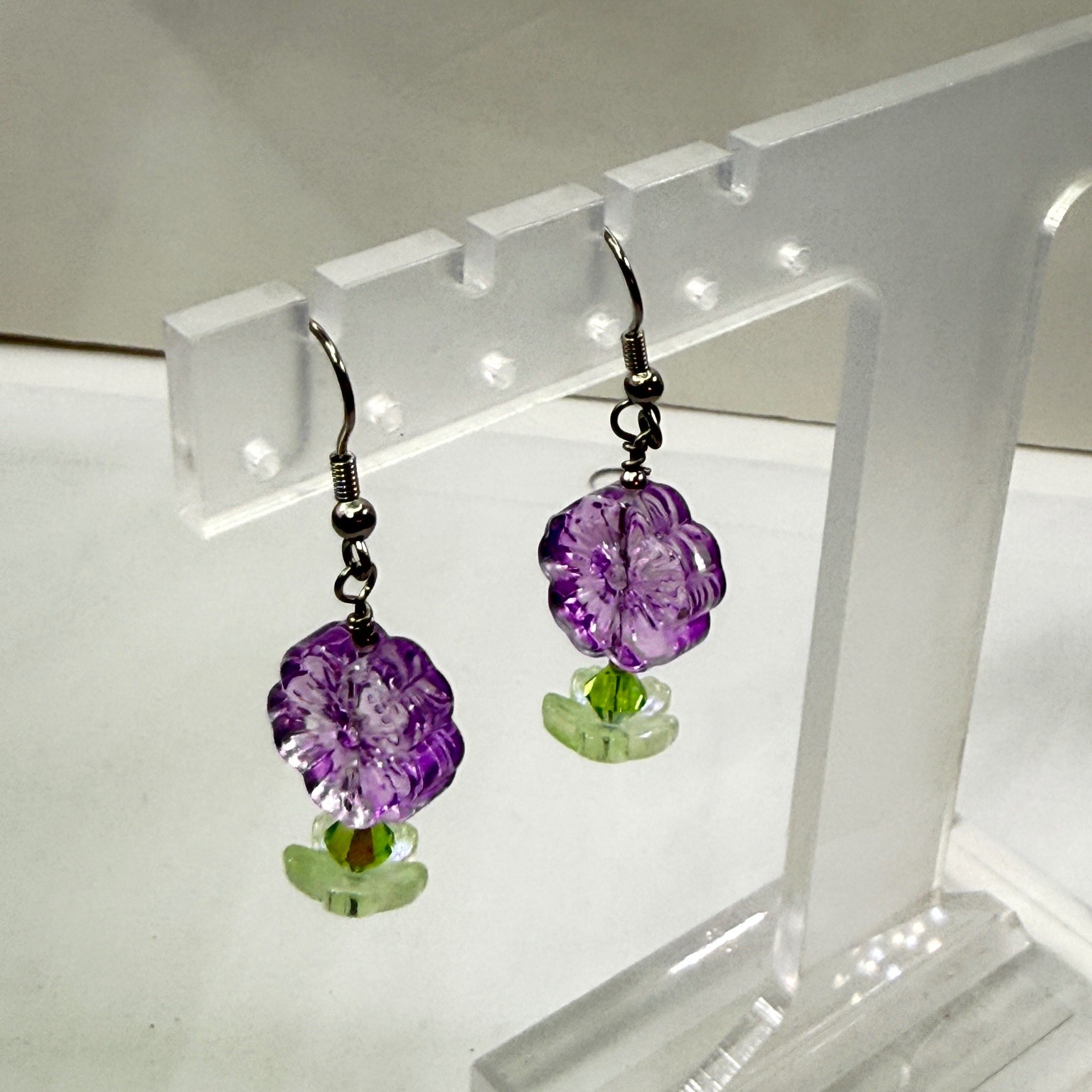 Purple Green Floral Dangle Earrings Approx 1.5″ Drop Beaded Fashion Jewelry