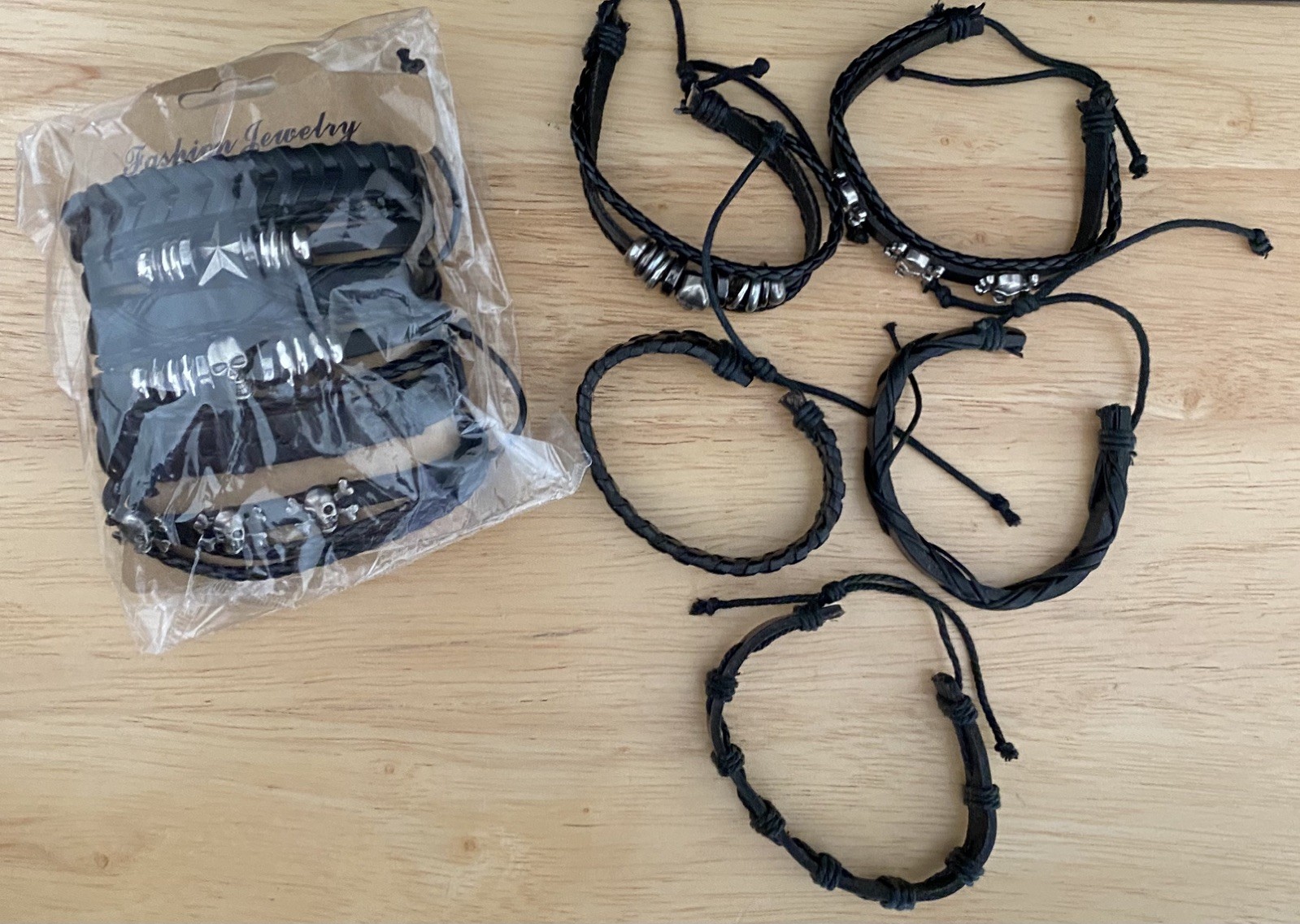 6 PC Faux Leather Bracelet Adjustable Tie & Stackable Silver Star and Skulls