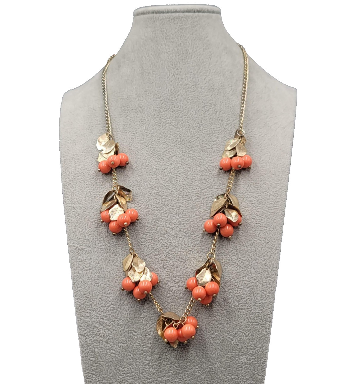 Orange Cluster Bead Necklace Gold tone Leaves Chain 24″ – 28″