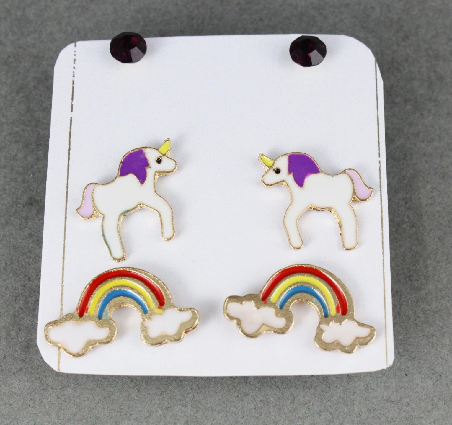 unicorn rainbow 3 pair earrings crystal bead stud post set pack purple