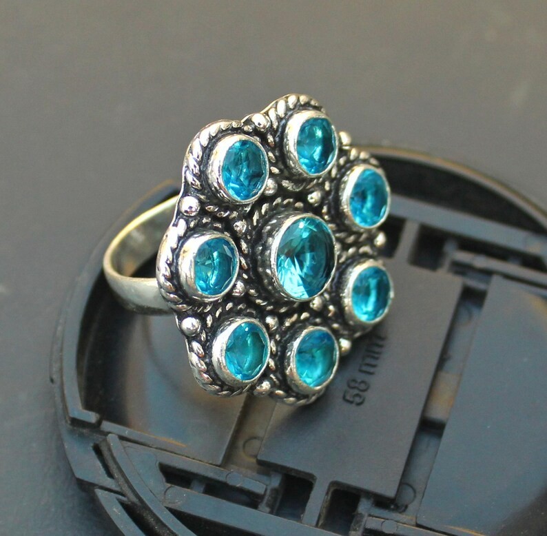 Blue Topaz Cluster Ring | Vintage Style Blue Gemstone | Statement Silver Ring