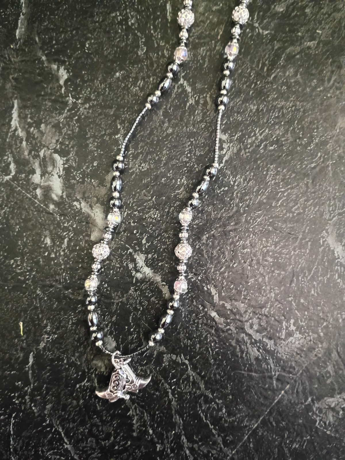 Handmade Black Silver Beaded Ball Chain Necklace w/ Cowboy Boot Charm Pendant