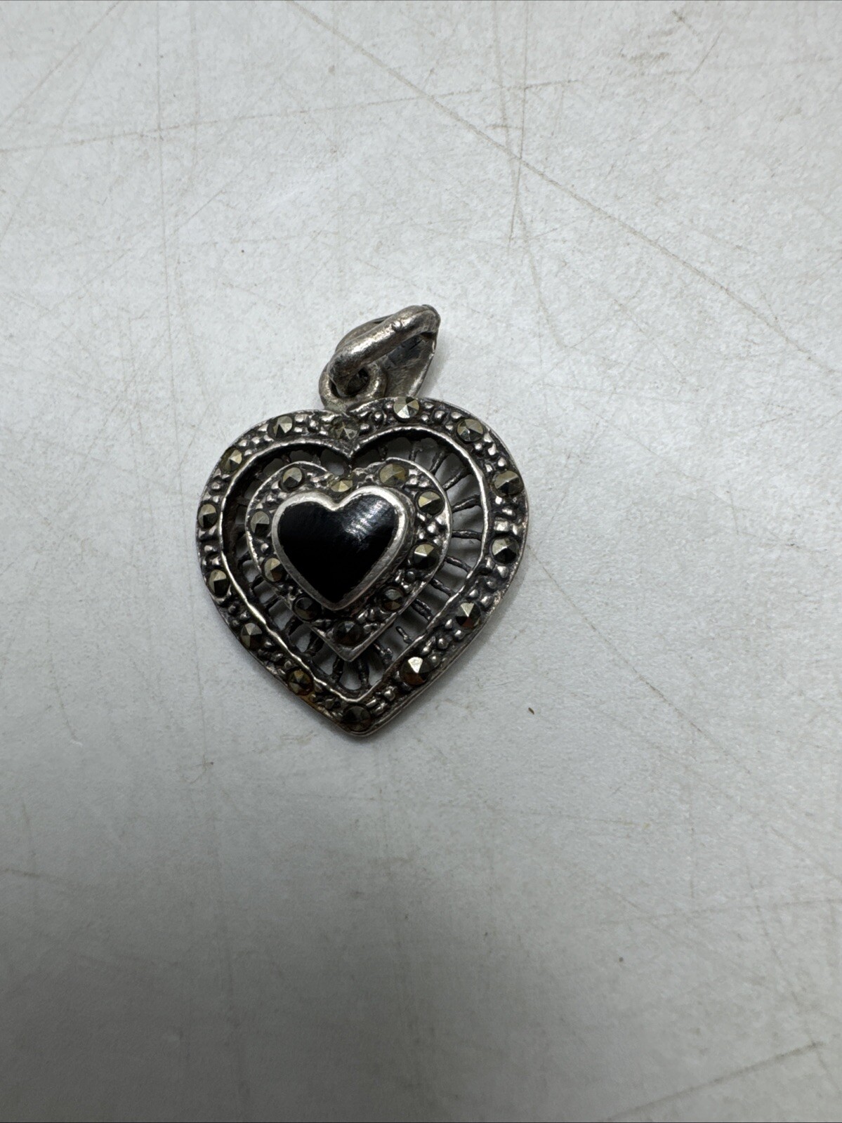 Sterling Silver 925 Heart Pendant Mounted Heart Onyx? Other Clear Stones .75”