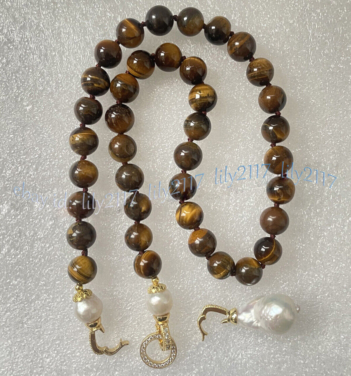 Natural Yellow Tiger’s Eye Gems Beads White Keshi Baroque Pearl Pendant Necklace