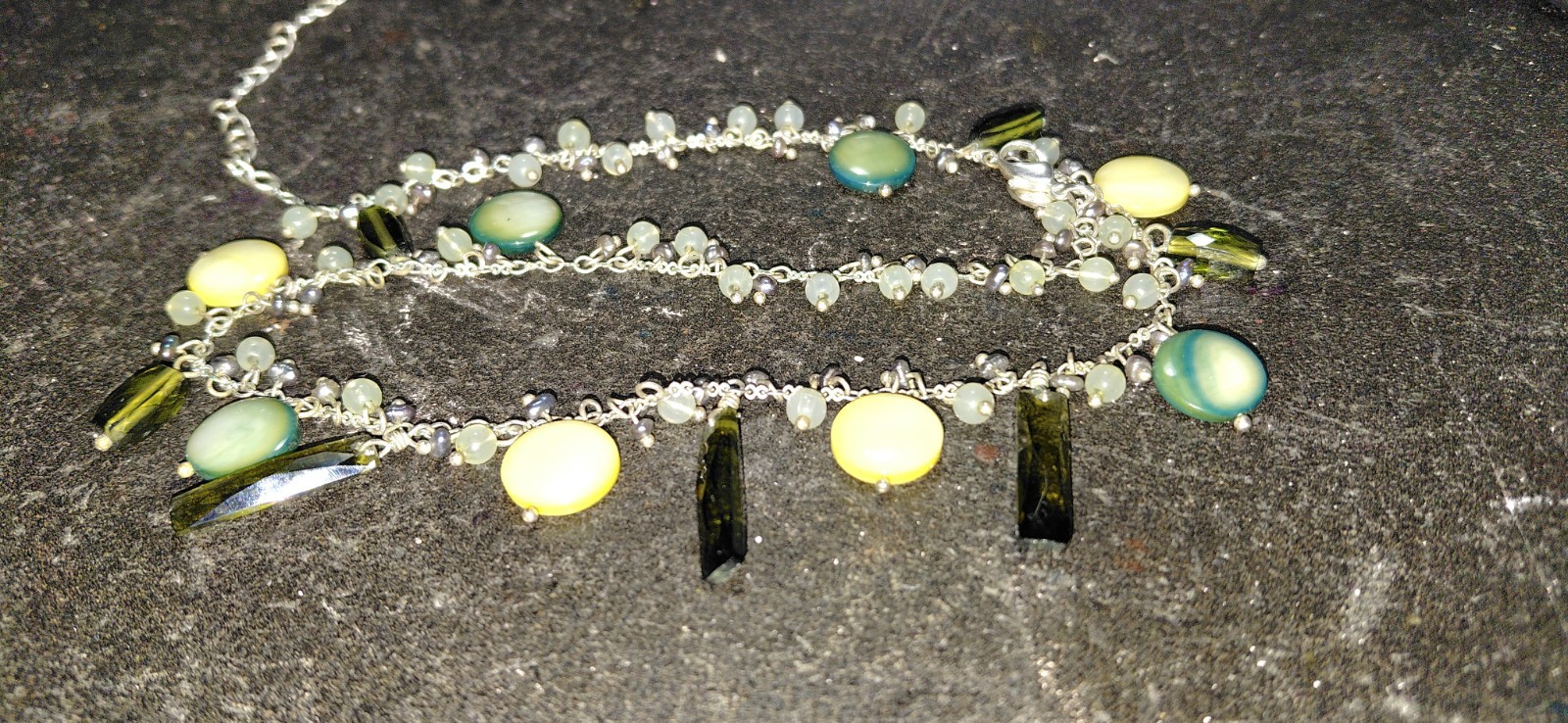 Lea Sophia “SEA GRASS” Necklace, Mother Of Pearl, Dangling Green Beads, #2979